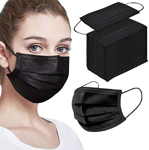 Disposable Black Face Shield 50pcs 3 Ply Safety Mouth-covering,Breathable Dust Proof Personal Protection for Adult,Indoor and Outdoor Use