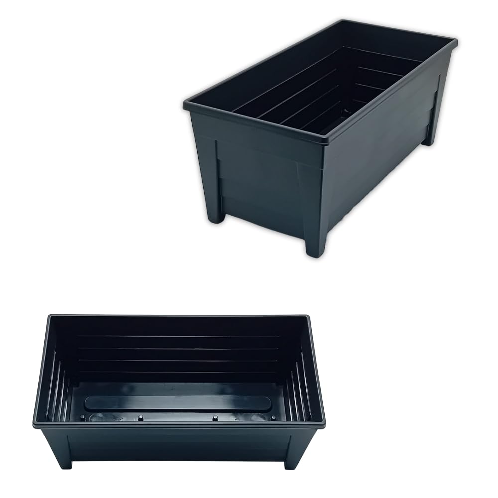 ALEEZ 55cm Long Trough Window Plant Pot - Plastic Planter Pot - Indoor Outdoor Home Garden Flower Pots - Garden Window Herb Flower Box - Optional Drainage Hole (2, sleek black)