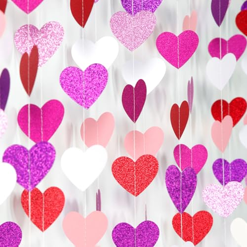 Image of Galentines Party-Decoration Valentines-Day Heart-Garland - 52ft Purple Hot-Pink Red Hanging Paper Streamers Banner, Proposal Anniversary Romantic Birthday Baby Shower Rustic Wedding Decor Hugfond