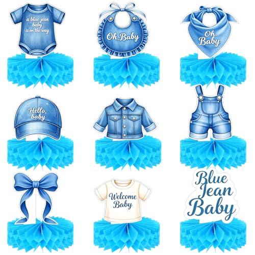 Centres de table nid d'abeille bleu denim pour baby shower garçon