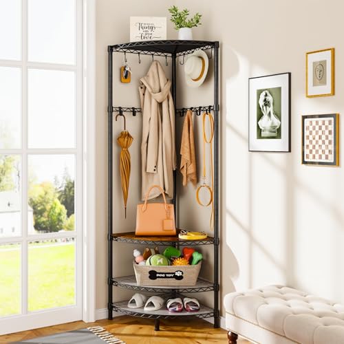 Roxibelt R2 Corner Coat Rack, Coat Rack with 4 Shelves, Shoe and Coat Rack for Entryway, Heavy Duty Coat Rack with 16 Movable Hooks, Entryway Coat Rack for Hallway, Bedroom, and Office, Black