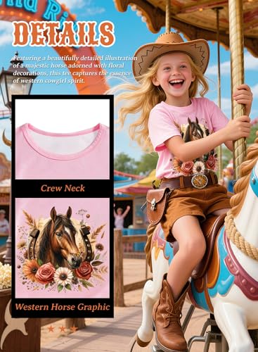 Image of Girls Western Horse T-Shirts - Cute Cowgirl Outfit Kids Short Sleeve Shirts Funny Tops Rodeo Toddler Summer Tee