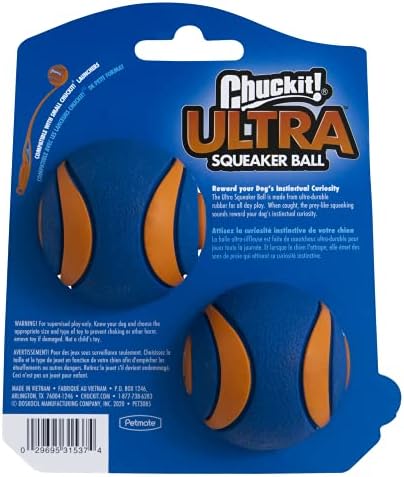 ChuckIt! Ultra Squeaker Dog Ball, Durable High Bounce Rubber Floating Dog Toy, Small Launcher Compatible, Blue & Orange, Small, 2 Pack (4.8cm)