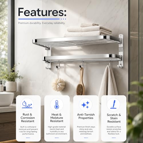 Image of Amazon Basics 1.5 KG Heavy Stainless Steel Folding Towel Holder in Bathroom, 24 Inch Wall Mounted Towel Rack with Hooks, Foldable Rustproof Towel Hanger,Space Saving Towel Holder, Chrome Finish