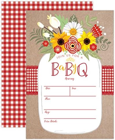 Your Main Event Prints Baby BBQ Invitation, Baby Shower Invite, Baby Q Barbeque Summer Invition Mason Jar Floral, 20 Fill in Invitations