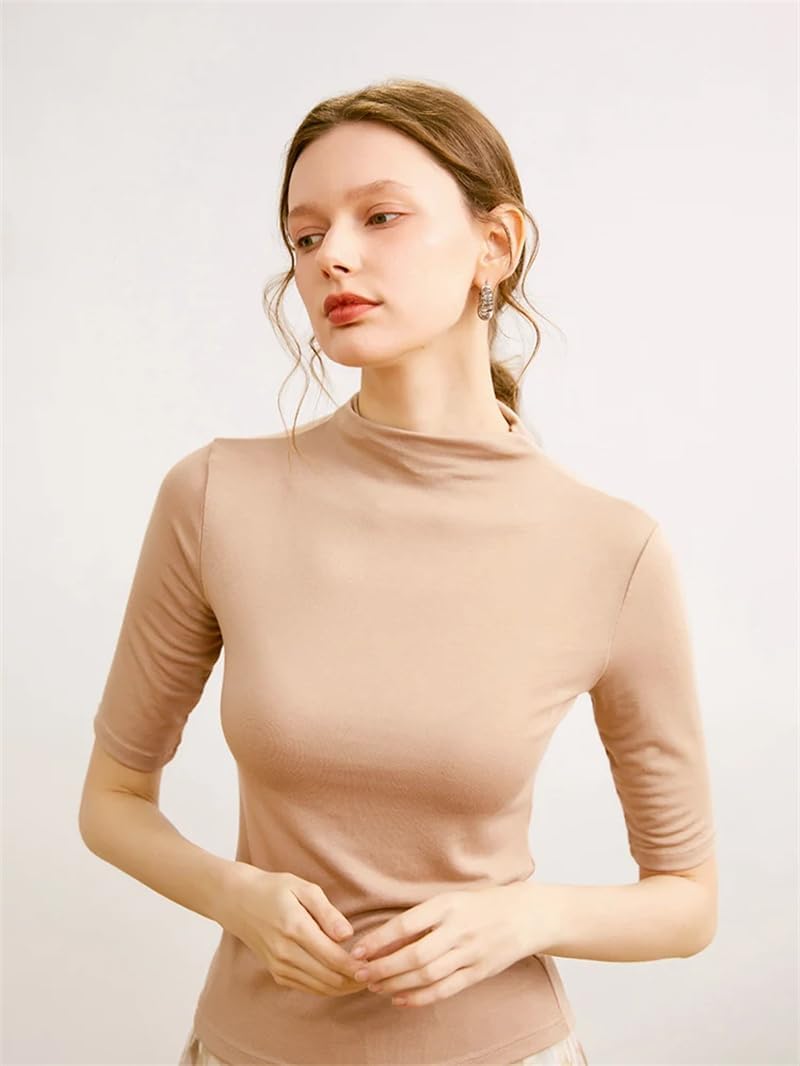 Women Bottoming Tee Wool Blend Short Sleeved Solid Basic T Shirt Mock Neck Top