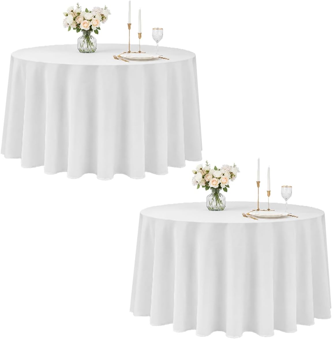 2 Pack White Round Tablecloth 120 Inch, Polyester Table Cover for 48-72 Inch Round Tables, Washable Table Linen for Wedding, Party, Buffet, Catering & Dining