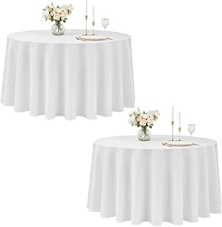 2 Pack White Round Tablecloth 120 Inch, Polyester Table Cover for 48-72 Inch Round Tables, Washable Table Linen for Wedding, Party, Buffet, Catering & Dining