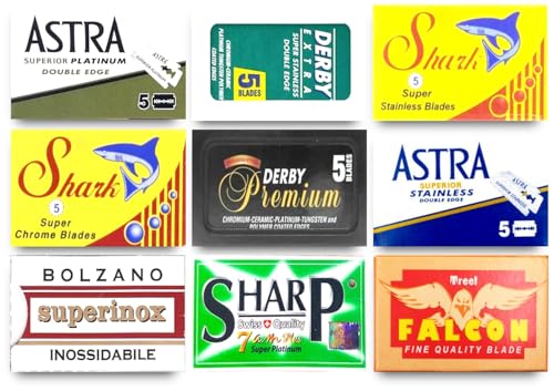 Image of Razor Blades Club Astra-Derby-Shark-Permasharp-Bolzano-Treet 50 Quality Double Edge Razor Blades Sampler (9 different brands)