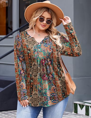 IN'VOLAND Womens Plus Size Long Sleeve Shirts Fall Tunic Top V-neck T-Shirt Button Up Dressy Casual Blouse 1X-5X4