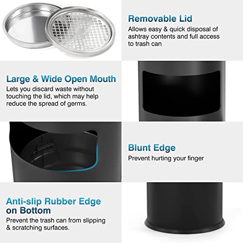 Image of IRONWALLS Indoor Outdoor Trash Can with Lid, Black Stainless Steel Garbage Can, Removable Inner Bucket, Round Commercial Waste Bin Container Trash Receptacle for Office, Hotel