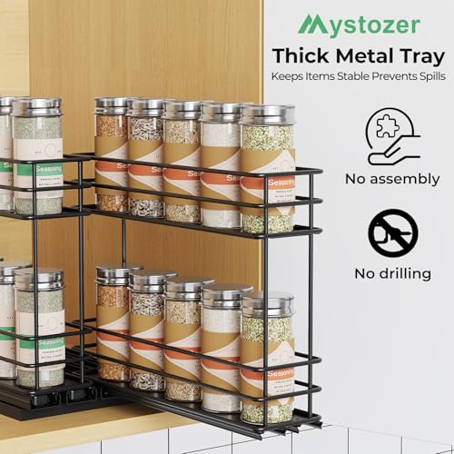 Mystozer Pull Out Spice Rack Organizer for Cabinet, Slide Out Spice Racks, Easy to Install Spice Cabinet Organizers, 5.28" Wx10.43 Dx8.26 H, 2 Drawers 2 Tiers(Black) by Mystozer - Image 7