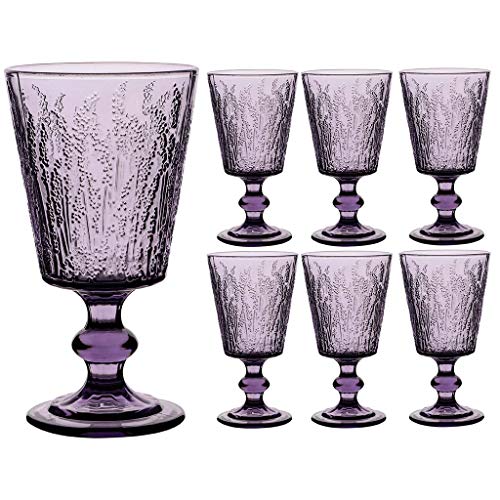 Dibor Set of 6 Wine Glasses Purple Embossed Lavender 300ml Wine Goblets