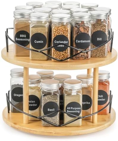 Yopay Lazy Susan Organizer 2 Tier, Bamboo Rotating Spice Rack for Kitchen Countertop Cabinet, Spinning Makeup Turntable Organizer with Steel Side for Vanity, Dining Table, Pantry, Condiments, 11 Inch