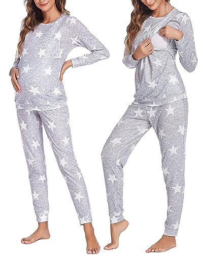 Ekouaer Premaman Cotone Pigiama Donna Pigiama Due Pezzi Premaman Lunga Set Pigiama da Allattamento Abbigliamento Parto Ospedale Invernali, Stelle Grigio-2, XL