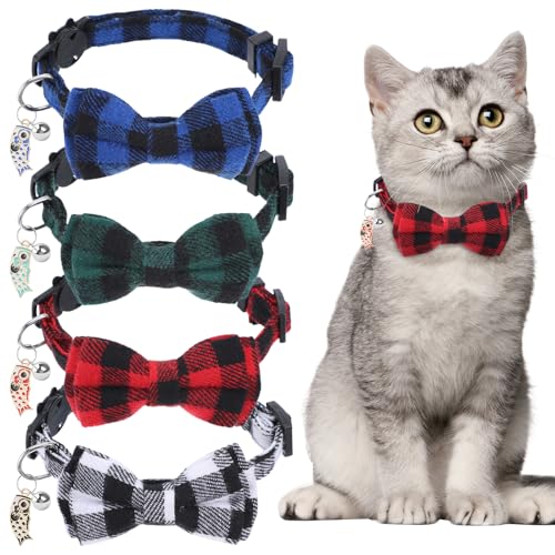4Pcs Classic Plaid Cat Collars with Bells, Breakaway Kitten Collar, Adjustable 7-12inch, Christmas Bow Tie Kitty Collar with Bowti for Cats, Pet Custome Supplies, Christmas Spirit