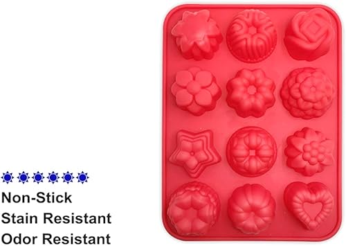 Miniatura 7 de Paquete de 3 moldes de silicona para hornear, antiadherentes de 12 cavidades, magdalenas, chocolate, gelatina, pudín, caramelo, azul, verde, rojo