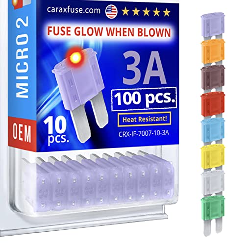 CARAX Glow Fuse – Premium Fuse Micro 2 Blade APT/ATR – 3A Kit 100 pcs – Glow When Blown LED Automotive Fuse – Smart Auto Glow Fuse Easy Identification – 100 pcs