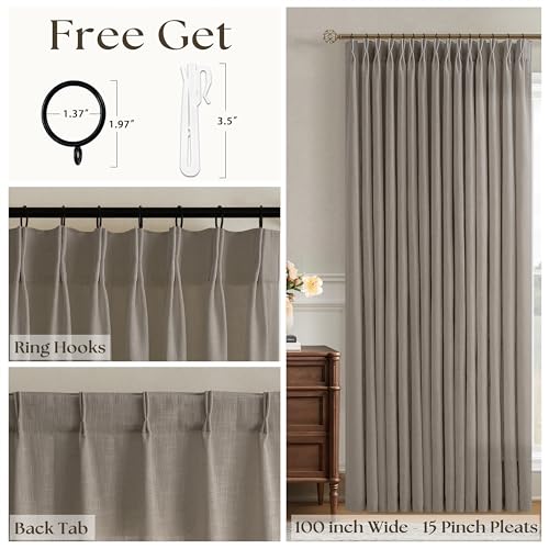 Image of Pinch Pleated Linen 102 Inch Curtains 100 Inch Width for Living Room Taupe | Extra Wide, Room Divider, Semi Sheer, Ceiling to Floor, Sliding Glass Door, Light Filtering, Hooks Rings, Greige, 100x102