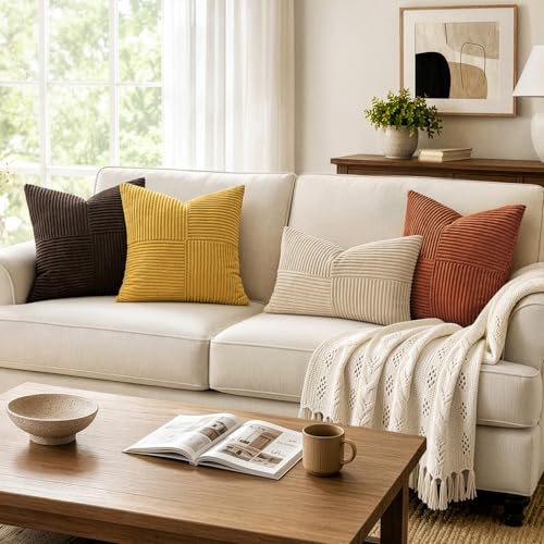 Image of MIULEE Mustard Yellow Decorative Throw Pillow Covers 18x18 Inch for Couch Bed Sofa Pack of 2 Boho Farmhouse Throw Pillows Soft Cross Corduroy Patchwork Textured Cushion Cases