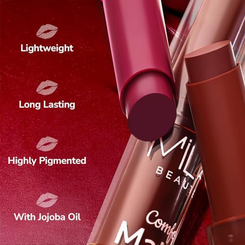 Image of Mila Beaute Creamy Comfort Matte Long-Lasting Lipstick for Women | Highly Pigmented & Hydrating Lipstick with Jojoba | Single Swipe Application | Suitable for Indian Skin Tones - DEEP WINE