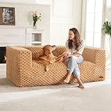 Hobestluk Bean Sofa with Arms - Two-Seat Fluffy Couch for Adults Bedroom, Living Room, Apartment (Khaki)