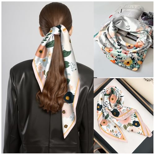 2PC Scarf Silk Feeling Square Satin Headwear Hair Scarf Wrap 27.5 Inches Bandana Aesthetic Cute Decoration Women Girls4
