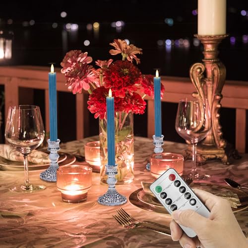 Image of Blue Flameless Taper Candles with Rmote, 9.6 inch Real Wax Battery Operated Candles with 3D Wick, 3 Pack Led Candlesticks Flickering, Electric Candlesticks for Home, Wedding, Party Decor
