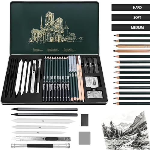 ZITUZY 27 Stück Skizzen Zeichnen Bleistift Set Zeichenstifte Professionell Zeichenset Malset Basissortiment Graphite Set im Metalletui für Künstler Schüler zum Skizzieren Zeichnen