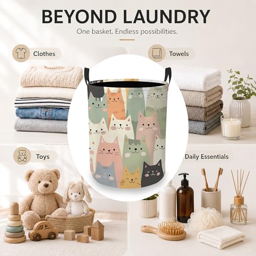 Image of Cute Cat Laundry Hamper, Cartoon Cat Laundry Baskets, Waterproof Oxford Cloth for Room /Bathroom /Bedroom /Dormitories 16x20.8 Inch