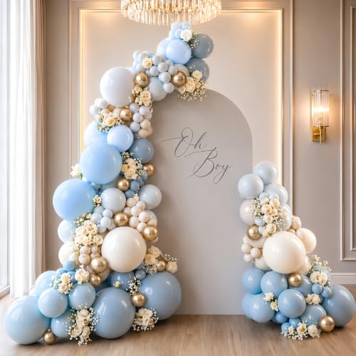 Image of Dusty Blue and Gold Balloons 60 Pcs, 12 Inch Dusty Baby Blue Chrome Gold Balloon Cream Sand White Balloon for Boy Baby Shower Decorations Bridal Shower Gender Reveal Boho Birthday Party Supplies