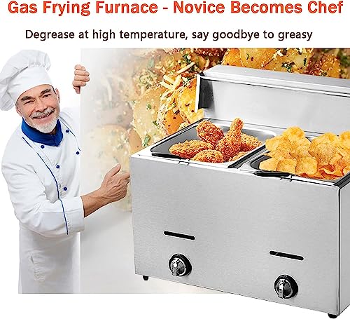 Frittierte Maschine Propangas-Fritteuse, Fettchip-Fritteuse, Doppeltanks, kommerzielle Arbeitsplatte, Edelstahl-Chipfritteuse, Pommes Frites, rutschfeste Füße, leicht zu reinigen, für Zuhaus – Bild 5