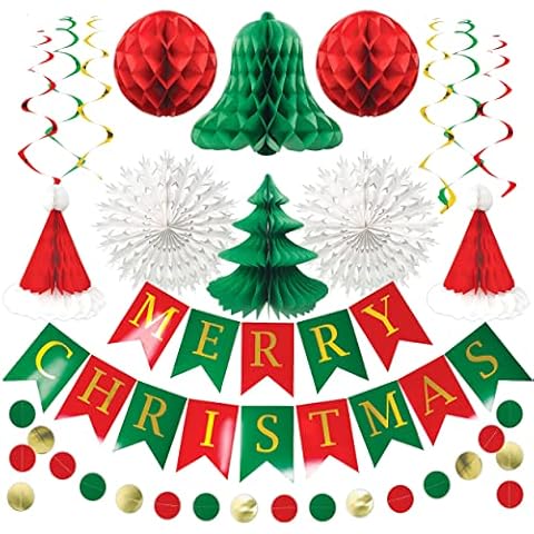 Aofentop Christmas Decorations Set 16 PCS Large Paper Christmas Decorations Honeycomb Snowflakes Balls Bell Hat Tree Indoor Ornaments for Winter Christmas Party Ceiling Room Table Hanging Decor Cover