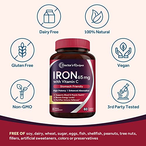 Doctor's Recipes Iron Supplement 65 mg with Vitamin C - Maximized Absorption, Stomach Friendly & High Potency Iron Pills for Red Blood Cells Formation & Immunity Health - Vegan Non-GMO 60 Iron Tablets - Image 5