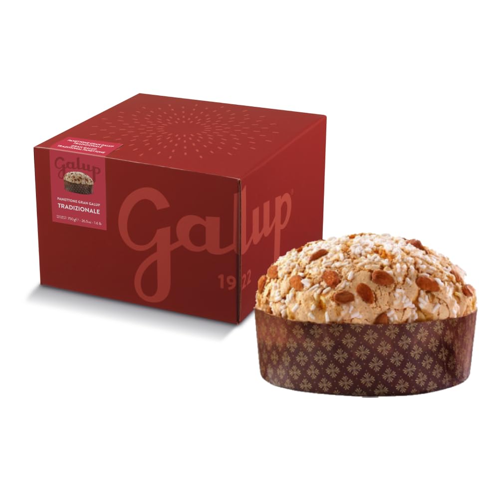 Galup Panettone artisanal traditionnel, Gâteau de Noël au levain naturel, aux fruits frais confits et raisins secs, panettone garni de glaçage aux noisettes, amandes et sucre cristallisé - 750 g