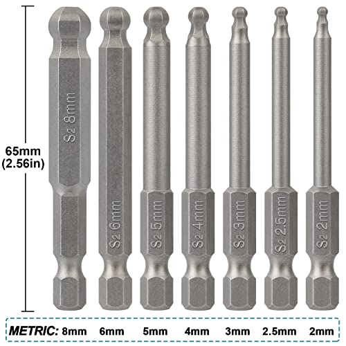 Ball End Hex Head Allen Wrench Drill Bit Set, Lattook 7Pcs Metric S2 Steel Hex Bits Set, 1/4" Quick Release Shank Magnetic S2 Steel Ball End Hex Screwdriver Bit Set For Ikea Type Furniture, 2.5'' Long #TOP1