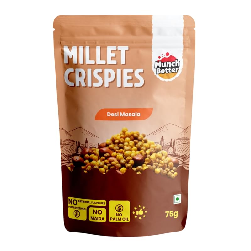 Munch Better Millet Crispies | Bajra Jowar Ragi Peanuts and Spices Light Crunchy Multigrain Snack with Rice Bran Oil Savory Crisp Snack with Mixed Spice Flavor | Natural Ingredients - 75 Gm-image-14