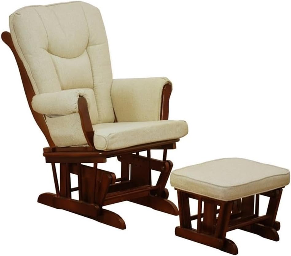 Pemberly Row Sleigh Glider Chair and Ottoman, Espresso Finish, Beige Cushions, Solid Wood Construction, Smooth Ball Bearing Glides, Padded Seat and Back, for Nursery, Living Room, or Office