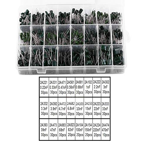 660pcs 24 Values Polyester Film Capacitors Assortment Kit 100V 0.22nF to 470nF with Clear Plastic Box for Radio/TV Sets/Electronic Equipments