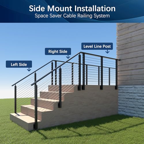 Image of 5 Pack Side Mount Level Drilled Cable Railing Post 36 inchx2 inchx2 inch(Post Body 44 inch), Fixed Top Line Post with 11 Holes, Fascia Mount Stainless Steel Cable Deck Rail Post, Black Wood Concrete Deck Post