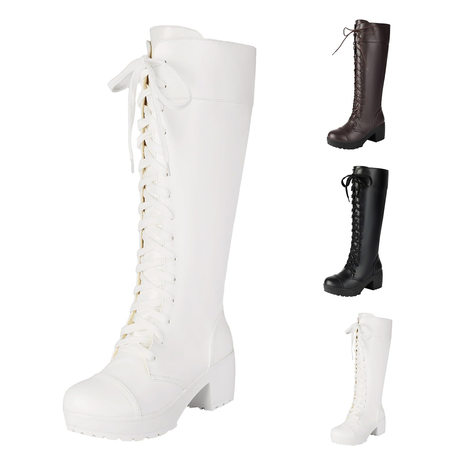 Damen Schnürstiefel High Heels Plateau Kniehohe Stiefel Mit Blockabsatz
