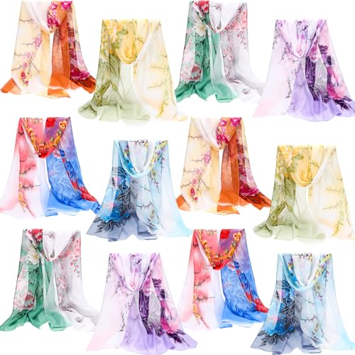 Xtinmee 12 Pcs Peony Scarfs for Women Summer Scarf Print Floral Pattern Fashion Scarf Silk Chiffon Shawl Lightweight Christmas Gifts