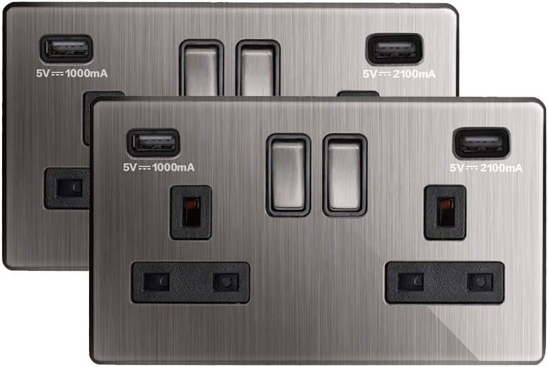 Double Socket with USB Socket Chrome Wall Socket Brushed Switch Electric Socket (2Packs)