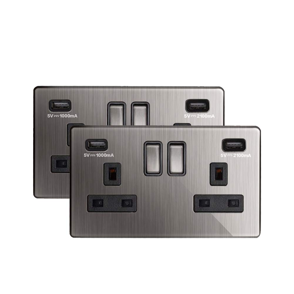 Double Socket with USB Socket Chrome Wall Socket Brushed Switch Electric Socket (2Packs)