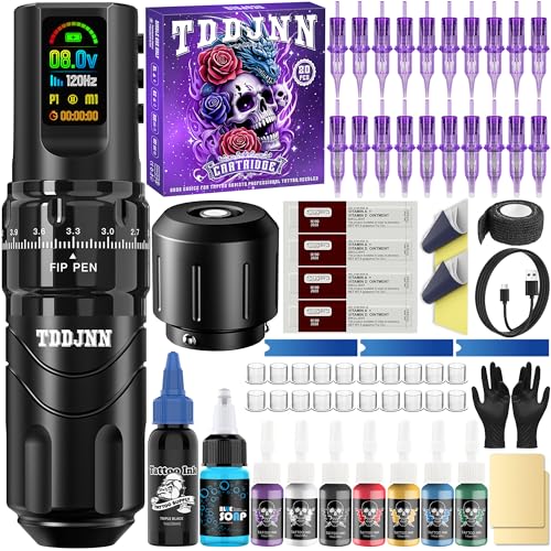 WIRELESS TATTOO MACHINE KIT FOR BEGINNERS & ARTISTS PORTABLE PRO ROTARY CORDLESS TATTOO GUN WITH 1800MAH BATTERY OLED DISPLAY NORMAL/STIPPLING MODES 20 CARTRIDGE NEEDLES & COMPLETE SUPPLIES (BLACK)