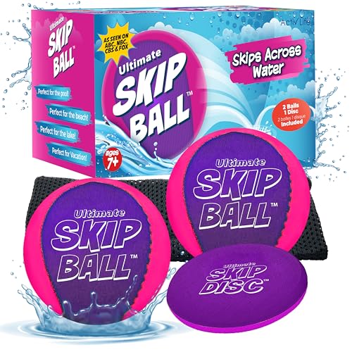 Activ Life The Ultimate Water Skip Ball (2 Pack), Water Bouncing Toys, Fun Games at Beach, Lake, Swimming Pool, Easter Basket Stuffer Gifts for All Ages Kids & Family, Pink/Purple with Skip Disc
