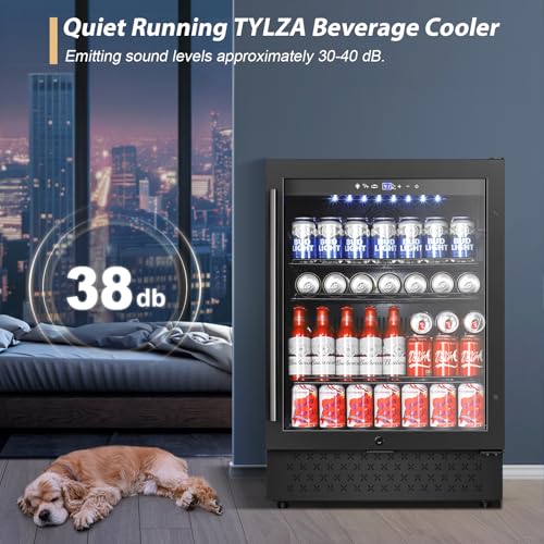 Image of Tylza Beverage Refrigerator 24 Inch, Under Counter /Freestanding Drink Fridge, 190 Cans Beverage Cooler with Glass Door, Reversible Door, Low Noise, Quick Cooling - for Beer, Soda, ETC, Black
