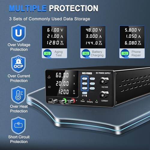 NICE-POWER DC Power Supply Variable, 60V 20A 1200W High Power Bench Power Supply for Battery Charging, Adjustable Switching Regulated Power Supply with OCP, Memory Storage, Output Switch, Lock Button by NICE-POWER - Image 5