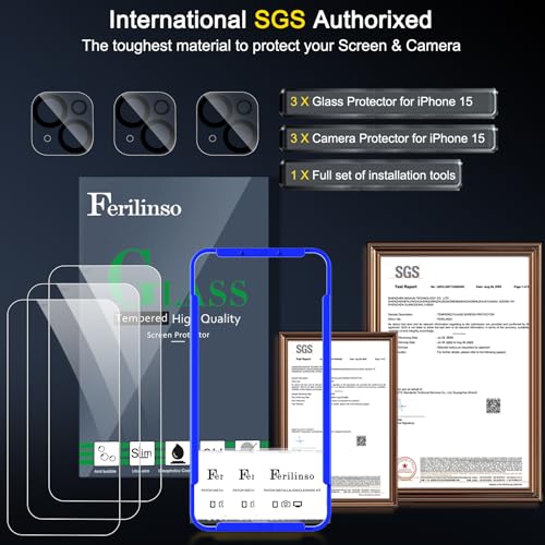 Image of Ferilinso Screen Protector for iPhone 15, Tempered Glass, Case Friendly | 3 Pack, 9H+ Hardness, Military-Grade Shatterproof, HD Clear, Easy Installation Bubble Free, with Camera Lens Protectors