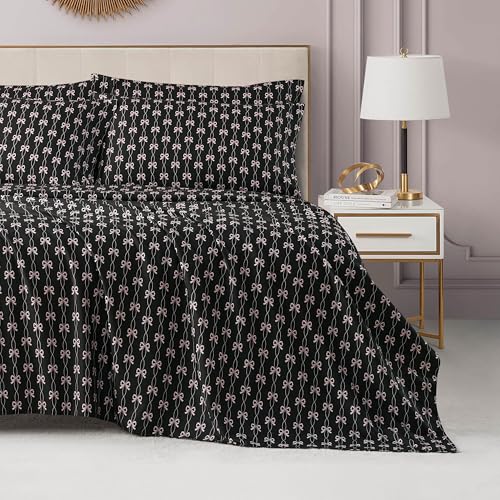 Juicy Couture Printed Microfiber 4-Piece Twin Sheet Set, Ribbon Line Black